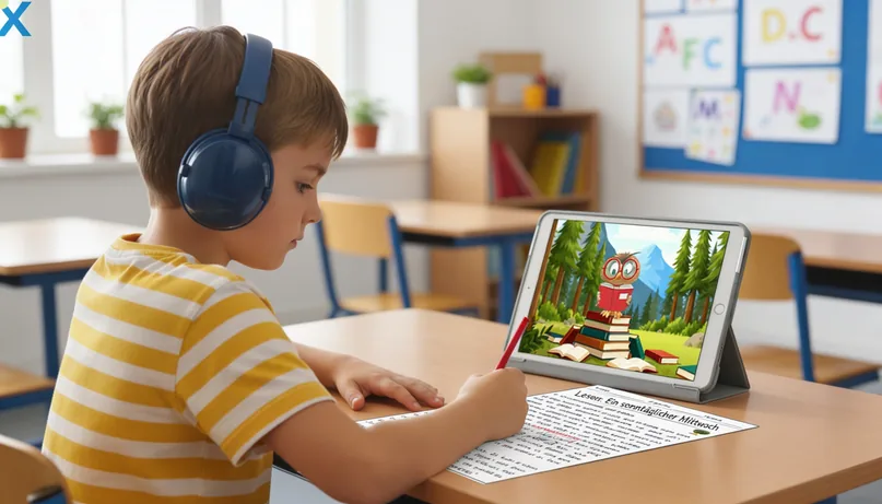 Junge mit Kopfhörern am Tablet