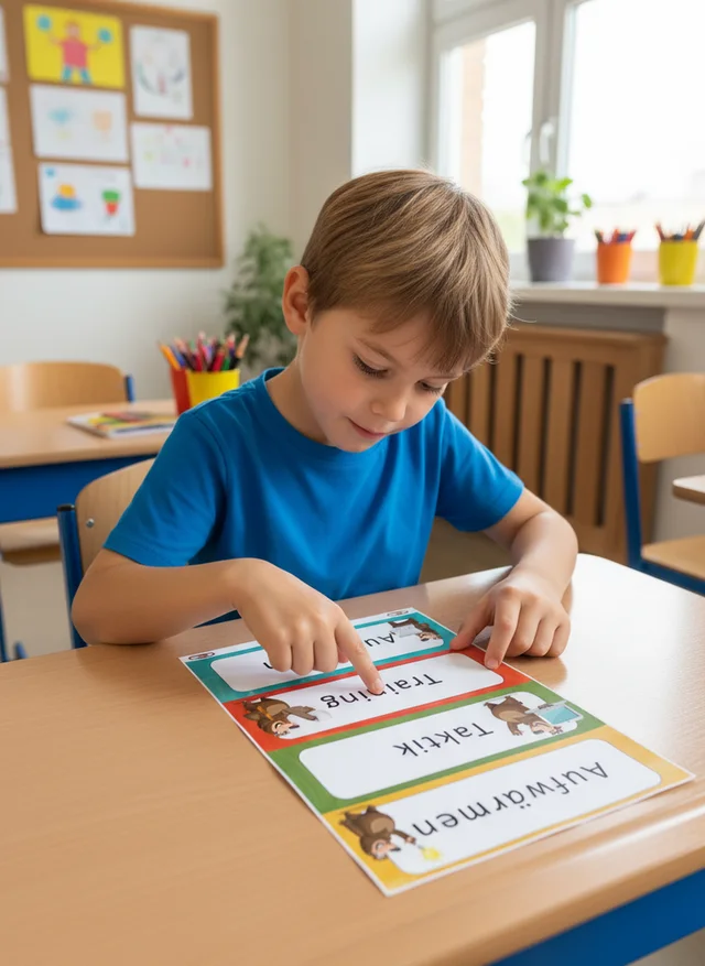 Junge arbeitet mit dem Lernplan in den vier Phasenfarben