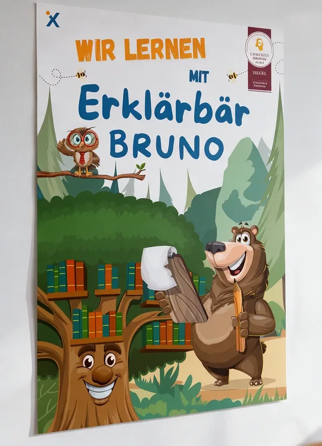 Das Bruno-Poster „Wir lernen mit Erklärbär Bruno“ an der Wand