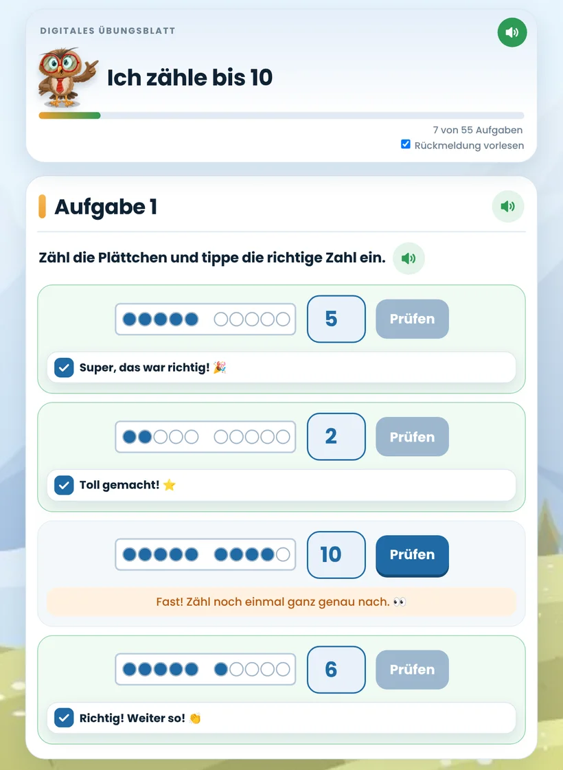 Digital: Plättchen zählen mit Rückmeldung